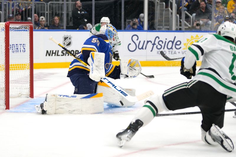 Oct 18, 2025; St. Louis, Missouri, USA; St. Louis Blues goaltender Jordan Binnington (50) makes a save against Dallas Stars right wing Nathan Bastian (11) during the first period at Enterprise Center. Mandatory Credit: Jeff Le-Imagn Images