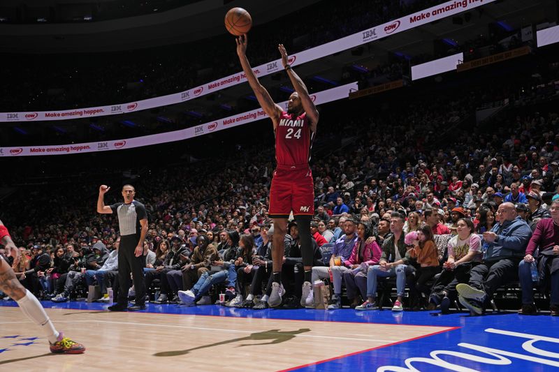 PHILADELPHIA, PA - FEBRUARY 14: Haywood Highsmith #24 of the Miami Heat shoots the ball during the game against the Philadelphia 76ers on February 14, 2024 at the Wells Fargo Center in Philadelphia, Pennsylvania NOTE TO USER: User expressly acknowledges and agrees that, by downloading and/or using this Photograph, user is consenting to the terms and conditions of the Getty Images License Agreement. Mandatory Copyright Notice: Copyright 2024 NBAE (Photo by Jesse D. Garrabrant/NBAE via Getty Images)