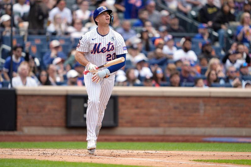 Jun 1, 2025; New York City, New York, USA; New York Mets first baseman Pete Alonso (20) watches his three run home run against the Colorado Rockies during the fourth inning at Citi Field. Mandatory Credit: Gregory Fisher-Imagn Images