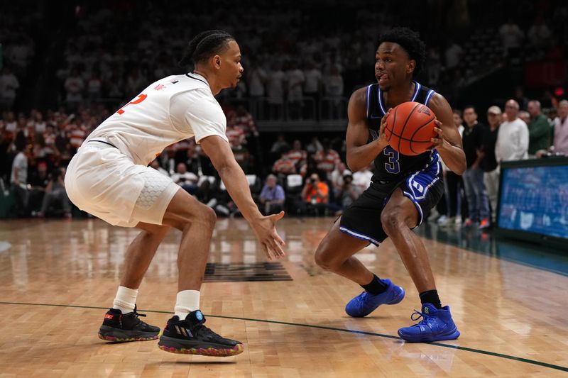 Feb 6, 2023; Coral Gables, Florida, USA; Duke Blue Devils guard Jeremy Roach (3) controls the ball around Miami Hurricanes guard Isaiah Wong (2) during the first half at Watsco Center. Mandatory Credit: Jasen Vinlove-USA TODAY Sports