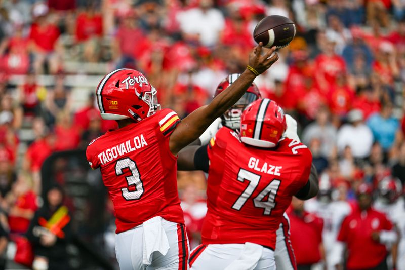 Sep 30, 2023; College Park, Maryland, USA; Maryland Terrapins quarterback Taulia Tagovailoa (3) throws as offensive lineman Delmar Glaze (74) blocks during the first half  against the Indiana Hoosiers at SECU Stadium. Mandatory Credit: Tommy Gilligan-USA TODAY Sports