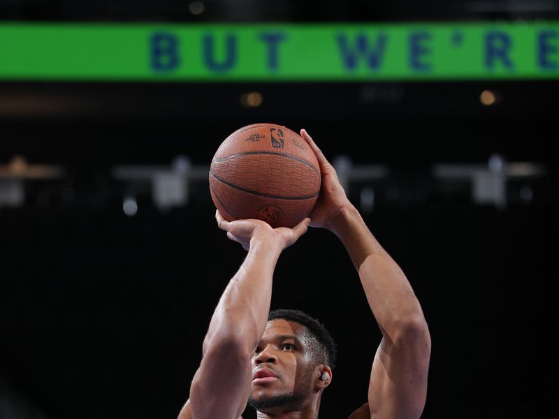 MILWAUKEE, WI - NOVEMBER 12:   Giannis Antetokounmpo #34 of the Milwaukee Bucks during pregame against the Toronto Raptors during the Emirates NBA Cup game on November 12, 2024 at Fiserv Forum Center in Milwaukee, Wisconsin. NOTE TO USER: User expressly acknowledges and agrees that, by downloading and or using this Photograph, user is consenting to the terms and conditions of the Getty Images License Agreement. Mandatory Copyright Notice: Copyright 2024 NBAE (Photo by Gary Dineen/NBAE via Getty Images).