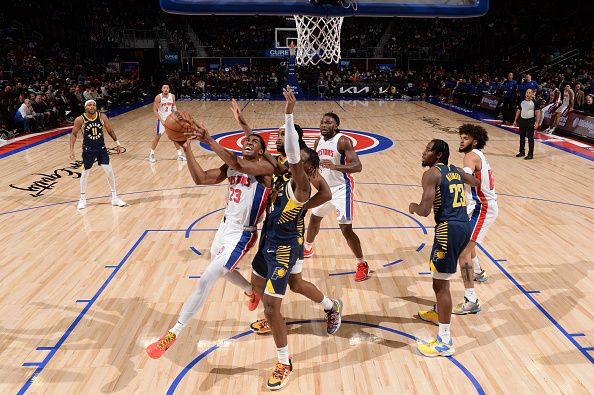 DETROIT, MI - DECEMBER 11: Jaden Ivey #23 of the Detroit Pistons drives to the basket during the game against the Indiana Pacers on December 11, 2023 at Little Caesars Arena in Detroit, Michigan. NOTE TO USER: User expressly acknowledges and agrees that, by downloading and/or using this photograph, User is consenting to the terms and conditions of the Getty Images License Agreement. Mandatory Copyright Notice: Copyright 2023 NBAE (Photo by Chris Schwegler/NBAE via Getty Images)