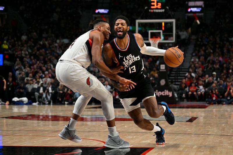 PORTLAND, OREGON - MARCH 22: Paul George #13 of the LA Clippers drives against Jabari Walker #34 of the Portland Trail Blazers during the second quarter of the game at the Moda Center on March 22, 2024 in Portland, Oregon. The LA Clippers won 125-117. NOTE TO USER: User expressly acknowledges and agrees that, by downloading and or using this photograph, User is consenting to the terms and conditions of the Getty Images License Agreement. (Photo by Alika Jenner/Getty Images)