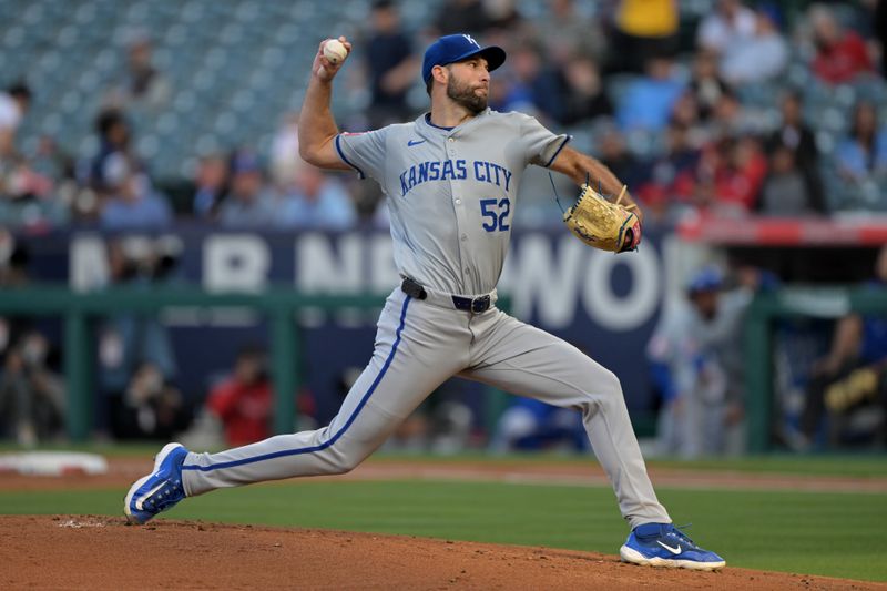 May 9, 2024; Anaheim, California, USA;  Kansas City Royals pitcher Michael Wacha (52) delivers to the plate in the first inning against the Los Angeles Angels at Angel Stadium. Mandatory Credit: Jayne Kamin-Oncea-USA TODAY Sports