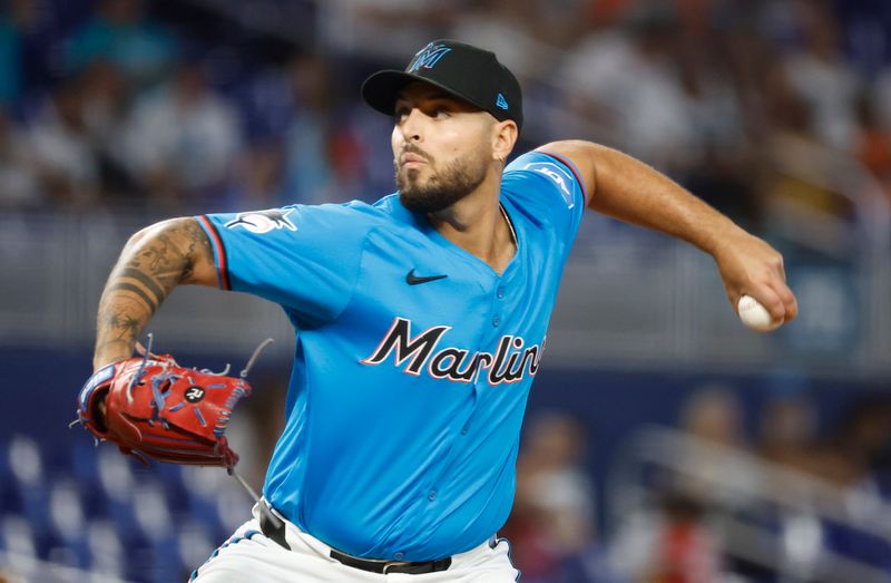 Sep 8, 2024; Miami, Florida, USA;  Miami Marlins starting pitcher Jonathan Bermudez (73) pitches against the Philadelphia Phillies in the ninth inning at loanDepot Park. Mandatory Credit: Rhona Wise-Imagn Images