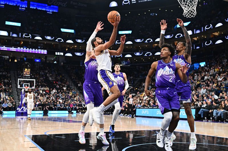 SALT LAKE CITY, UT - DECEMBER 1: Gabe Vincent #7 of the Los Angeles Lakers drives to the basket during the game against the Utah Jazz on December 1, 2024 at Delta Center in Salt Lake City, Utah. NOTE TO USER: User expressly acknowledges and agrees that, by downloading and or using this Photograph, User is consenting to the terms and conditions of the Getty Images License Agreement. Mandatory Copyright Notice: Copyright 2024 NBAE (Photo by Jamie Sabau/NBAE via Getty Images)