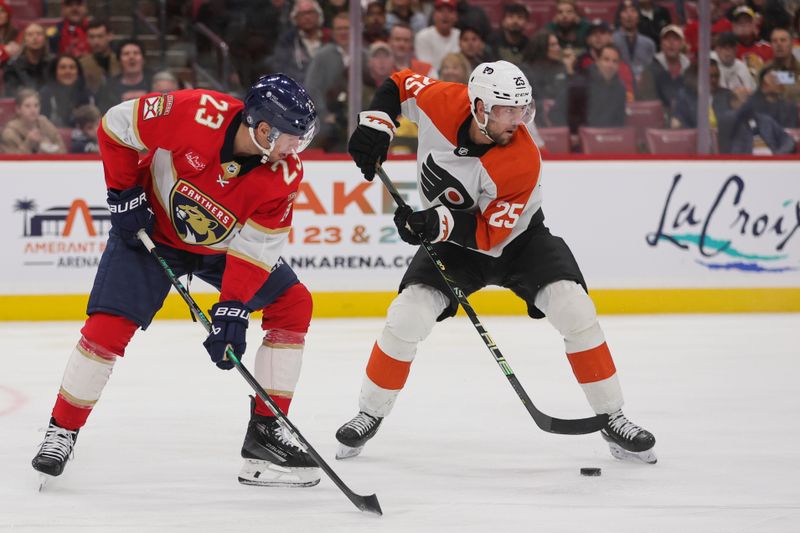 Feb 6, 2024; Sunrise, Florida, USA; Philadelphia Flyers center Ryan Poehling (25) controls the puck against Florida Panthers center Carter Verhaeghe (23) during the second period at Amerant Bank Arena. Mandatory Credit: Sam Navarro-USA TODAY Sports