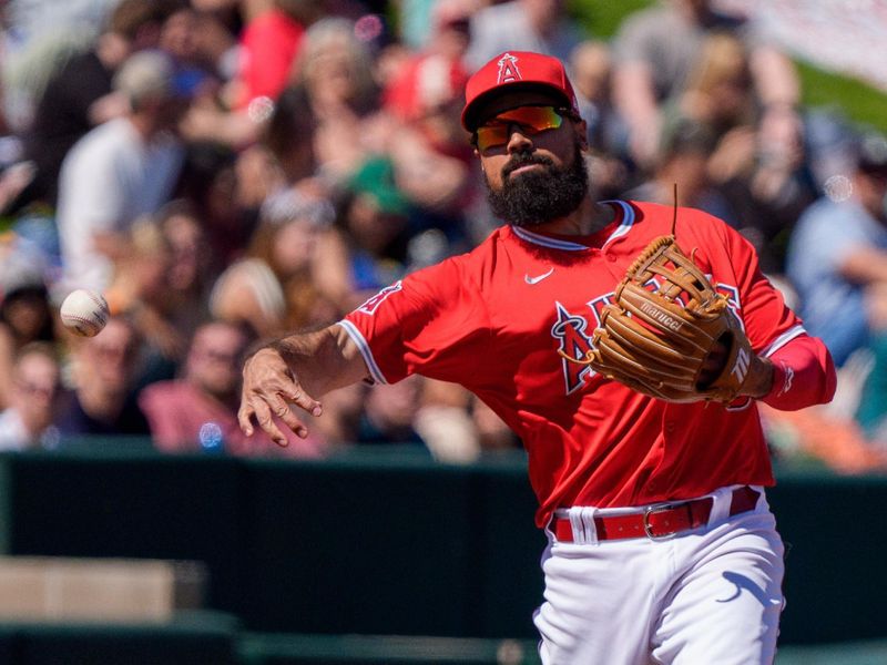 Mar 16, 2024; Tempe, Arizona, USA; Los Angeles Angels infielder Anthony Rendon (6) makes the throw to first in the first inning during a spring training game against the Chicago Cubs at Tempe Diablo Stadium. Mandatory Credit: Allan Henry-USA TODAY Sports