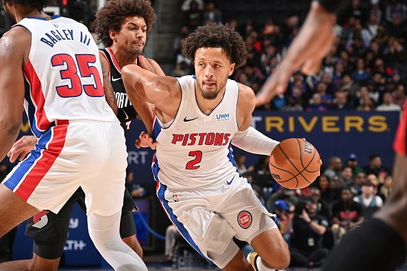 DETROIT, MI - NOVEMBER 1: Cade Cunningham #2 of the Detroit Pistons dribbles the ball during the game against the Portland Trail Blazers on November 1, 2023 at Little Caesars Arena in Detroit, Michigan. NOTE TO USER: User expressly acknowledges and agrees that, by downloading and/or using this photograph, User is consenting to the terms and conditions of the Getty Images License Agreement. Mandatory Copyright Notice: Copyright 2023 NBAE (Photo by Chris Schwegler/NBAE via Getty Images)