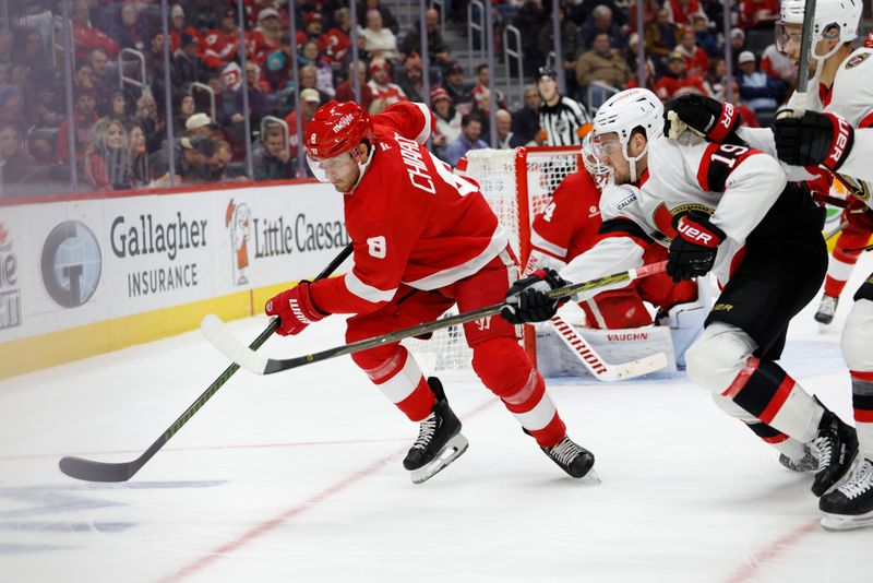 Jan 7, 2025; Detroit, Michigan, USA; Detroit Red Wings defenseman Ben Chiarot (8) and Ottawa Senators right wing Drake Batherson (19) battle for the puck in the first period at Little Caesars Arena. Mandatory Credit: Rick Osentoski-Imagn Images