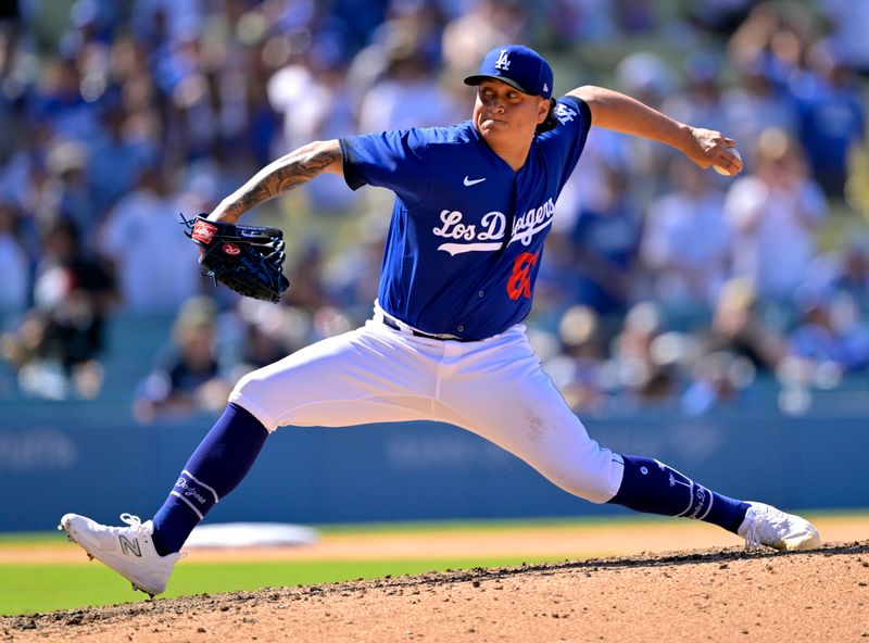 Aug 13, 2023; Los Angeles, California, USA; Los Angeles Dodgers relief pitcher VIctor Gonzalez (81) throws a scoreless ninth inning defeating the Colorado Rockies at Dodger Stadium. Mandatory Credit: Jayne Kamin-Oncea-USA TODAY Sports