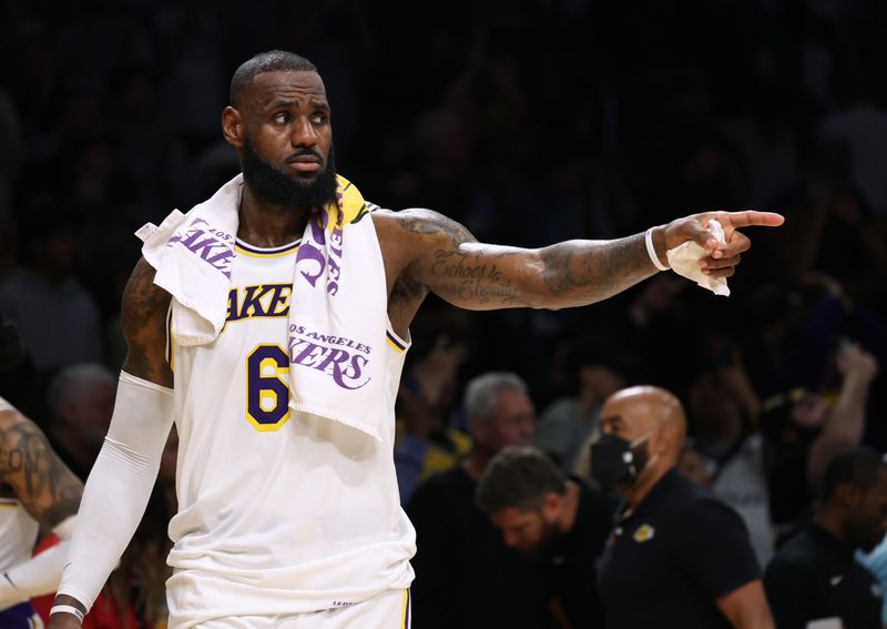 LOS ANGELES, CALIFORNIA - APRIL 09: LeBron James #6 of the Los Angeles Lakers reacts after a 128-117 win over the Utah Jazz at Crypto.com Arena on April 09, 2023 in Los Angeles, California. NOTE TO USER: User expressly acknowledges and agrees that, by downloading and or using this photograph, User is consenting to the terms and conditions of the Getty Images License Agreement. (Photo by Harry How/Getty Images)