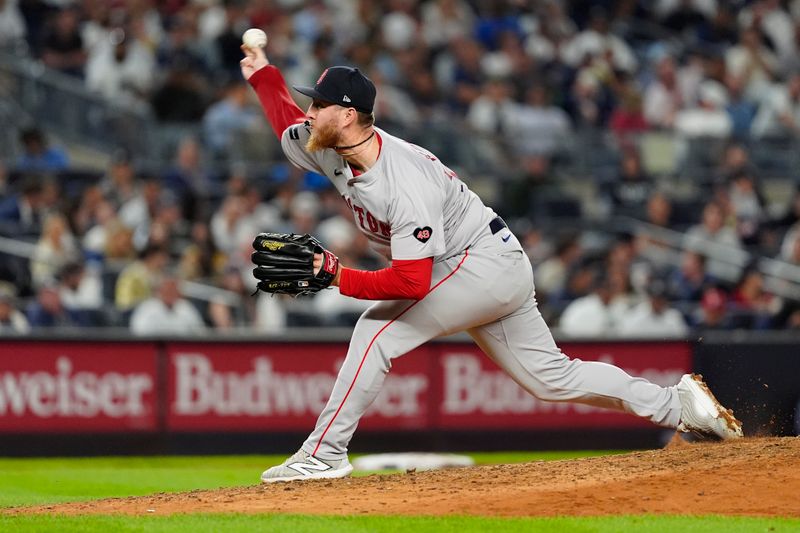 Sep 12, 2024; Bronx, New York, USA; Boston Red Sox pitcher Zack Kelly (76) delivers a pitch against the New York Yankees during the sixth inning at Yankee Stadium. Mandatory Credit: Gregory Fisher-Imagn Images