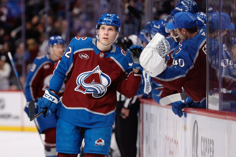 Oct 30, 2024; Denver, Colorado, USA; Colorado Avalanche center Ivan Ivan (82) celebrates with the bench after his goal in the first period against the Tampa Bay Lightning at Ball Arena. Mandatory Credit: Isaiah J. Downing-Imagn Images