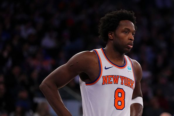 NEW YORK, NEW YORK - JANUARY 1: OG Anunoby #8 of the New York Knicks looks on against the Minnesota Timberwolves at Madison Square Garden on January 1, 2024 in New York City. The Knicks defeated the Timberwolves 112-106. NOTE TO USER: User expressly acknowledges and agrees that, by downloading and or using this photograph, User is consenting to the terms and conditions of the Getty Images License Agreement. (Photo by Mitchell Leff/Getty Images)