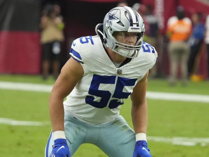 Dallas Cowboys linebacker Leighton Vander Esch (55) lines up against the Arizona Cardinals during the first half of an NFL football game, Sunday, Sept. 24, 2023, in Glendale, Ariz. (AP Photo/Rick Scuteri)