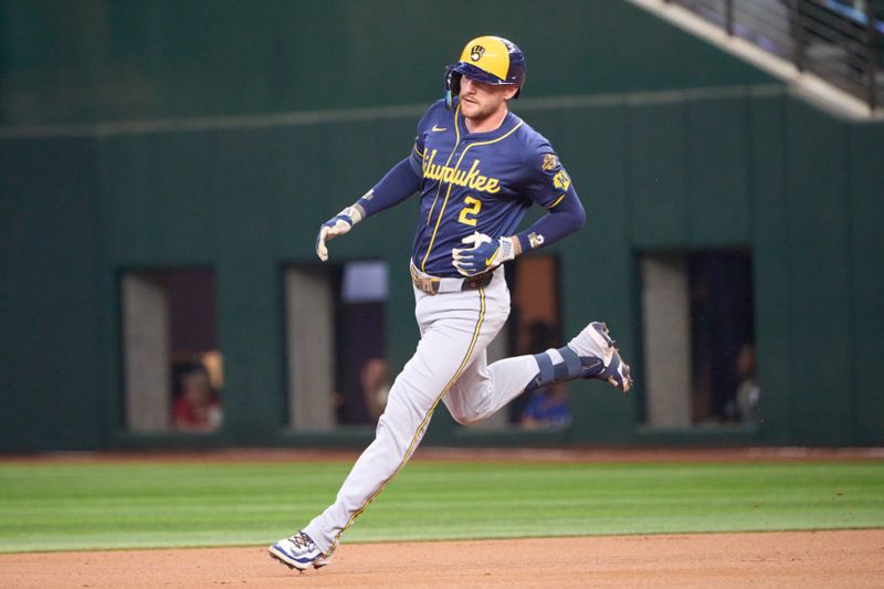Sep 10, 2025; Arlington, Texas, USA; Milwaukee Brewers second baseman Brice Turang (2) rounds the bases after hitting a solo home run against the Texas Rangers  during the first inning at Globe Life Field. Mandatory Credit: Jim Cowsert-Imagn Images