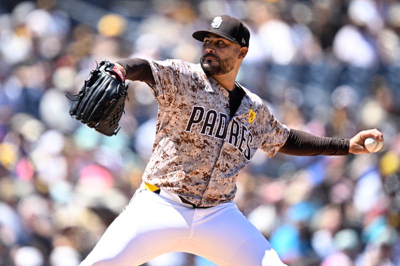 Aug 25, 2024; San Diego, California, USA; San Diego Padres starting pitcher Martin Perez (54) pitches against the New York Mets during the first inning at Petco Park. Mandatory Credit: Orlando Ramirez-USA TODAY Sports