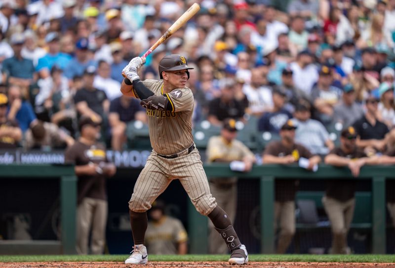 Aug 27, 2025; Seattle, Washington, USA; San Diego Padres catcher Freddy Fermin (54) waits for a pitch during an at-bat against the Seattle Mariners at T-Mobile Park. Mandatory Credit: Stephen Brashear-Imagn Images