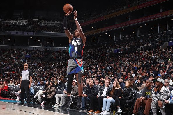 BROOKLYN, NY - NOVEMBER 30: Lonnie Walker IV #8 of the Brooklyn Nets shoots the ball during the game against the Charlotte Hornets on November 30, 2023 at Barclays Center in Brooklyn, New York. NOTE TO USER: User expressly acknowledges and agrees that, by downloading and or using this Photograph, user is consenting to the terms and conditions of the Getty Images License Agreement. Mandatory Copyright Notice: Copyright 2023 NBAE (Photo by Nathaniel S. Butler/NBAE via Getty Images)