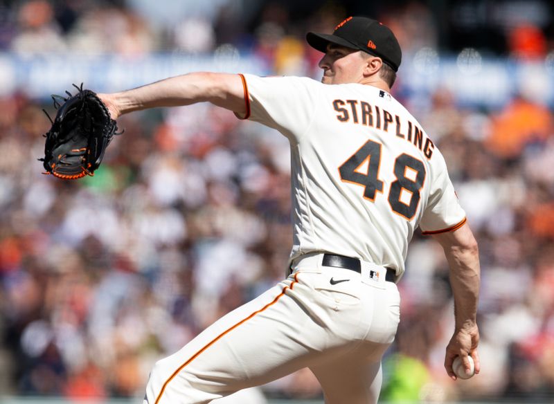 Oct 1, 2023; San Francisco, California, USA; San Francisco Giants pitcher Ross Stripling (48) delivers a pitch against the Los Angeles Dodgers during the sixth inning at Oracle Park. Mandatory Credit: D. Ross Cameron-USA TODAY Sports