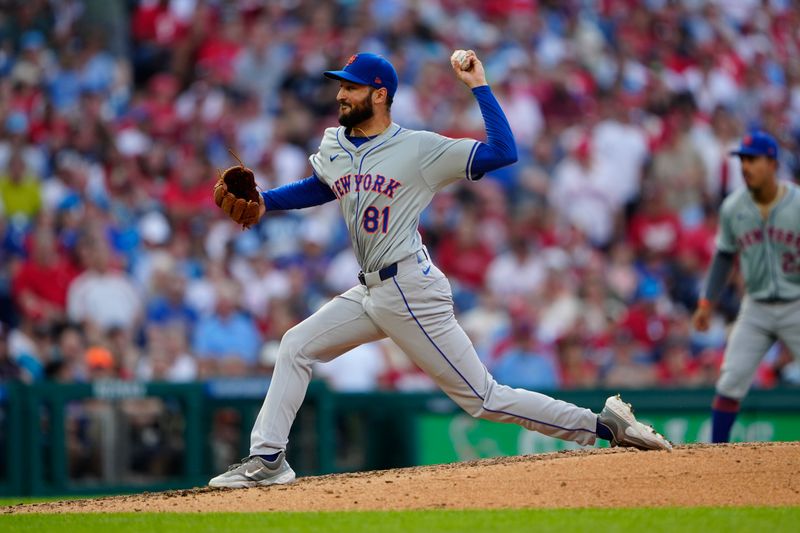 Sep 14, 2024; Philadelphia, Pennsylvania, USA; New York Mets pitcher Danny Young (81) delivers a pitch against the Philadelphia Phillies during the seventh inning at Citizens Bank Park. Mandatory Credit: Gregory Fisher-Imagn Images