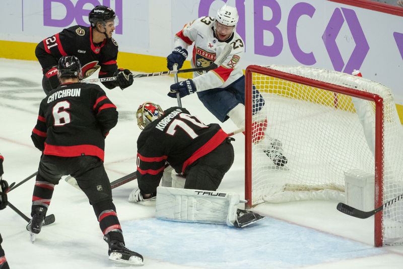 Nov 27 2023; Ottawa, Ontario, CAN; Ottawa Senators goalie Joonas Korpisalo (70) makes a save in front of Florida Panthers center Carter Verhaeghe (23) in the third period at the Canadian Tire Centre. Mandatory Credit: Marc DesRosiers-USA TODAY Sports