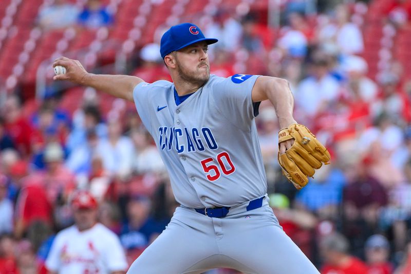 Jun 24, 2025; St. Louis, Missouri, USA;  Chicago Cubs starting pitcher Jameson Taillon (50) pitches against the St. Louis Cardinals during the first inning at Busch Stadium. Mandatory Credit: Jeff Curry-Imagn Images