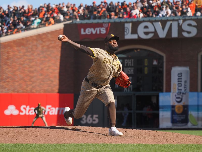 Apr 5, 2024; San Francisco, California, USA;  San Diego Padres relief pitcher Enyel De Los Santos (62) pitches the ball against the San Francisco Giants during the ninth inning at Oracle Park. Mandatory Credit: Kelley L Cox-USA TODAY Sports