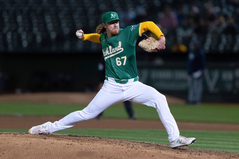 Aug 19, 2024; Oakland, California, USA; Oakland Athletics pitcher Grant Holman (67) pitches during the seventh inning against the Tampa Bay Rays at Oakland-Alameda County Coliseum. Mandatory Credit: Stan Szeto-USA TODAY Sports