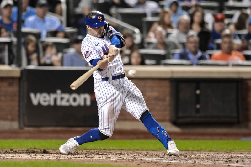 Aug 29, 2023; New York City, New York, USA; New York Mets left fielder Tim Locastro (26) hits a single against the Texas Rangers during the third inning at Citi Field. Mandatory Credit: John Jones-USA TODAY Sports