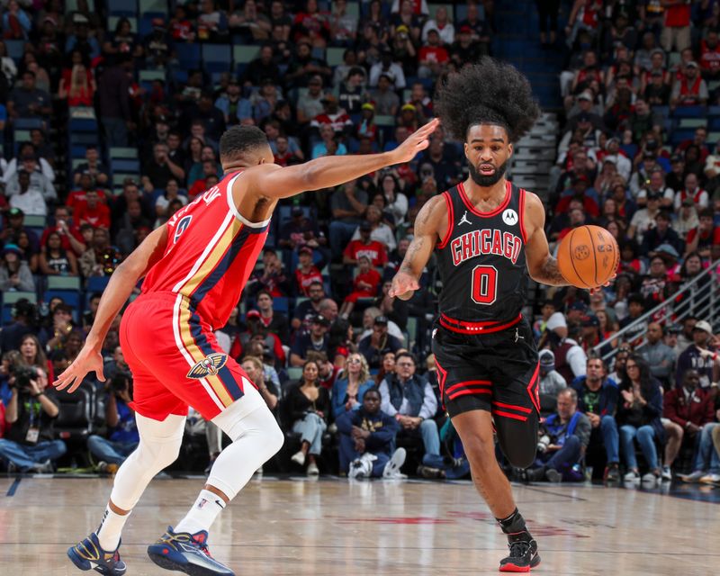 NEW ORLEANS, LA - OCTOBER 23: Coby White #0 of the Chicago Bulls dribbles the ball during the game on October 23, 2024 at the Smoothie King Center in New Orleans, Louisiana. NOTE TO USER: User expressly acknowledges and agrees that, by downloading and or using this Photograph, user is consenting to the terms and conditions of the Getty Images License Agreement. Mandatory Copyright Notice: Copyright 2024 NBAE (Photo by Layne Murdoch Jr./NBAE via Getty Images)