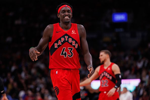 TORONTO, CANADA - NOVEMBER 19: Pascal Siakam #43 of the Toronto Raptors reacts after scoring a basket against the Detroit Pistons during the second half of their NBA game at Scotiabank Arena on November 19, 2023 in Toronto, Canada. NOTE TO USER: User expressly acknowledges and agrees that, by downloading and or using this photograph, User is consenting to the terms and conditions of the Getty Images License Agreement. (Photo by Cole Burston/Getty Images)