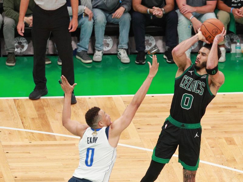 BOSTON, MA - JUNE 9: Jayson Tatum #0 of the Boston Celtics shoots the ball during the game  against Dallas Mavericks during Game 2 of the 2024 NBA Finals on June 9, 2024 at the TD Garden in Boston, Massachusetts. NOTE TO USER: User expressly acknowledges and agrees that, by downloading and or using this photograph, User is consenting to the terms and conditions of the Getty Images License Agreement. Mandatory Copyright Notice: Copyright 2024 NBAE  (Photo by Chris Marion/NBAE via Getty Images)