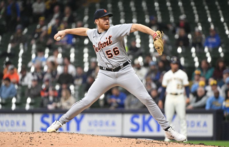 Apr 25, 2023; Milwaukee, Wisconsin, USA; Detroit Tigers starting pitcher Spencer Turnbull (56) delivers a pitch against the Milwaukee Brewers in the second inning at American Family Field. Mandatory Credit: Michael McLoone-USA TODAY Sports