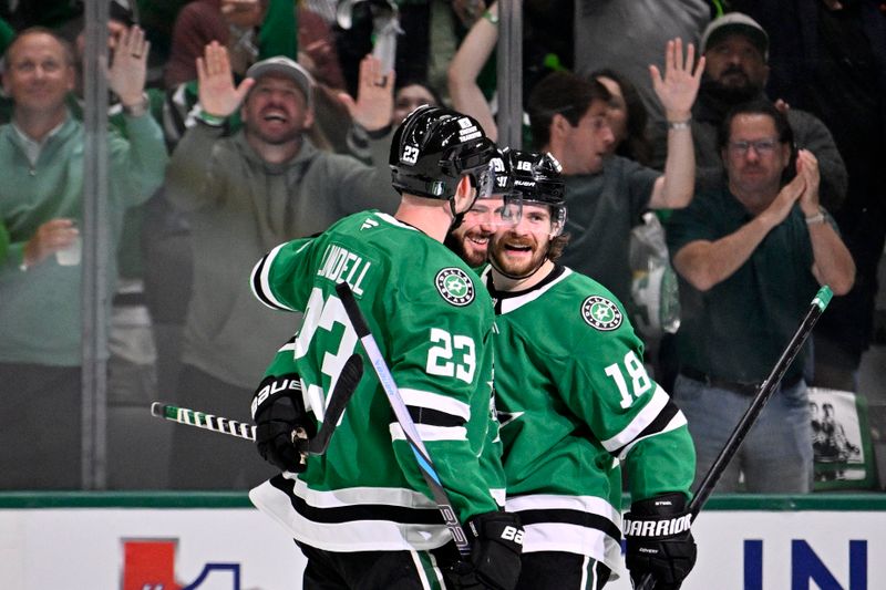 May 21, 2025; Dallas, Texas, USA; Dallas Stars center Tyler Seguin (91) reacts after scoring a goal against the Edmonton Oilers in the third period during game one of the Western Conference Final of the 2025 Stanley Cup Playoffs at American Airlines Center. Mandatory Credit: Jerome Miron-Imagn Images