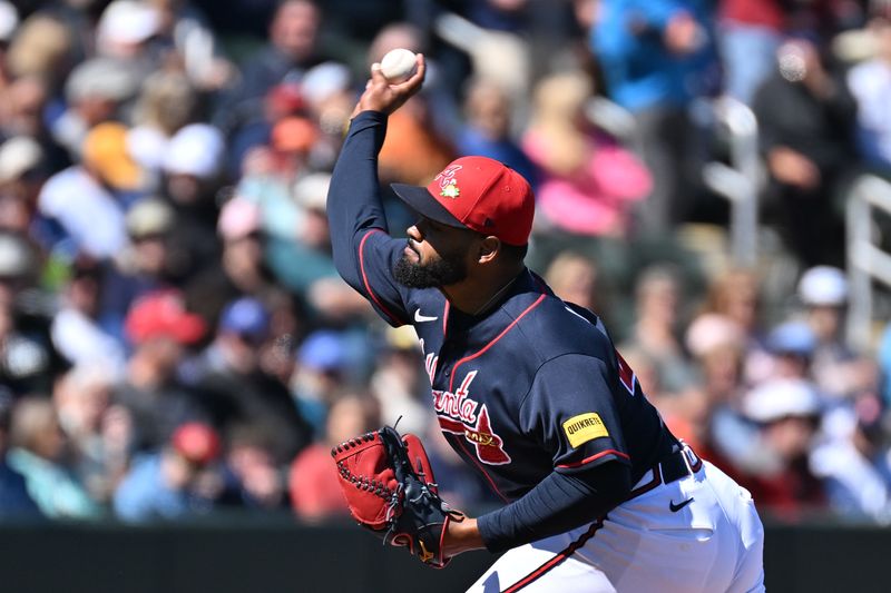 Feb 24, 2026; North Port, Florida, USA; Atlanta Braves starting pitcher Reynaldo Lopez (40) throws a pitch in the first inning against the Detroit Tigers during spring training at CoolToday Park. Mandatory Credit: Jonathan Dyer-Imagn Images