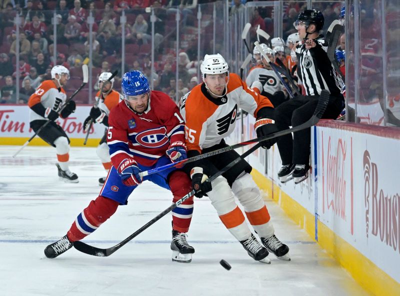 Sep 23, 2024; Montreal, Quebec, CAN; Montreal Canadiens forward Alex Newhook (15) and Philadelphia Flyers defenseman Rasmus Ristolainen (55) chase the puck during the first period at the Bell Centre. Mandatory Credit: Eric Bolte-Imagn Images