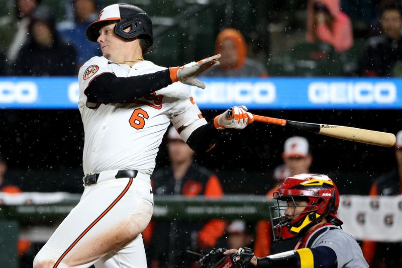 May 27, 2025; Baltimore, Maryland, USA; Baltimore Orioles first baseman Ryan Mountcastle (6) hits a single during the seventh inning against the St. Louis Cardinals at Oriole Park at Camden Yards. Mandatory Credit: Daniel Kucin Jr.-Imagn Images