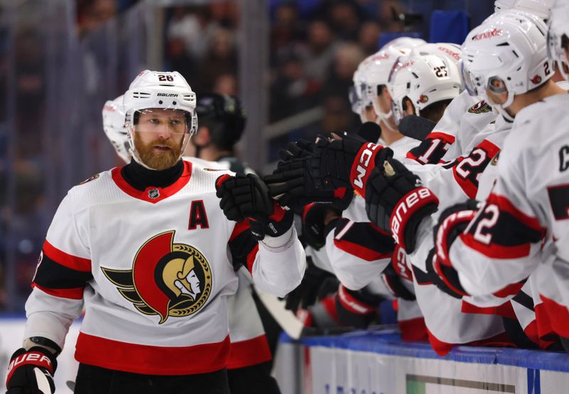 Jan 11, 2024; Buffalo, New York, USA;  Ottawa Senators right wing Claude Giroux (28) celebrates his goal with teammates during the third period against the Buffalo Sabres at KeyBank Center. Mandatory Credit: Timothy T. Ludwig-USA TODAY Sports