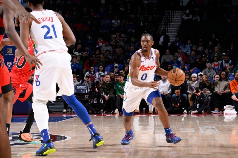 PHILADELPHIA, PA - FEBRUARY 11:  Tyrese Maxey #0 of the Philadelphia 76ers dribbles the ball during the game against the Toronto Raptors on February 11, 2025 at the Wells Fargo Center in Philadelphia, Pennsylvania NOTE TO USER: User expressly acknowledges and agrees that, by downloading and/or using this Photograph, user is consenting to the terms and conditions of the Getty Images License Agreement. Mandatory Copyright Notice: Copyright 2025 NBAE (Photo by David Dow/NBAE via Getty Images)