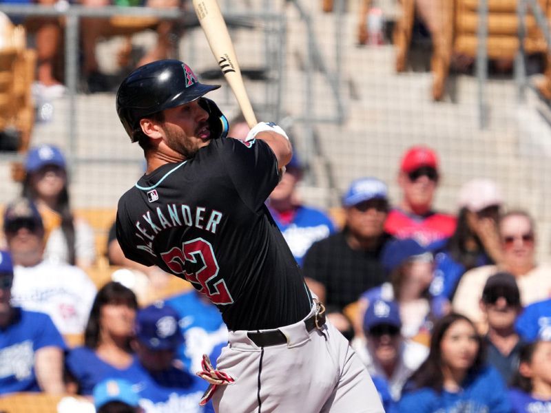 Mar 10, 2024; Phoenix, Arizona, USA; Arizona Diamondbacks second baseman Blaze Alexander (62) bats against the Los Angeles Dodgers during the third inning at Camelback Ranch-Glendale. Mandatory Credit: Joe Camporeale-USA TODAY Sports