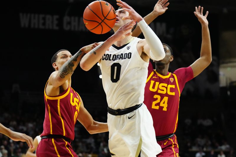 Feb 23, 2023; Boulder, Colorado, USA; USC Trojans forward Kobe Johnson (0) and forward Joshua Morgan (24) defend on Colorado Buffaloes guard Luke O'Brien (0) in the first half at the CU Events Center. Mandatory Credit: Ron Chenoy-USA TODAY Sports