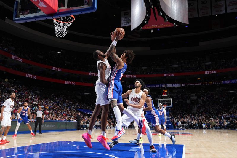 PHILADELPHIA, PA - NOVEMBER 13: Kelly Oubre Jr. #9 of the Philadelphia 76ers drives to the basket during the game against the Cleveland Cavaliers on November 13, 2024 at the Wells Fargo Center in Philadelphia, Pennsylvania NOTE TO USER: User expressly acknowledges and agrees that, by downloading and/or using this Photograph, user is consenting to the terms and conditions of the Getty Images License Agreement. Mandatory Copyright Notice: Copyright 2024 NBAE (Photo by Jesse D. Garrabrant/NBAE via Getty Images)