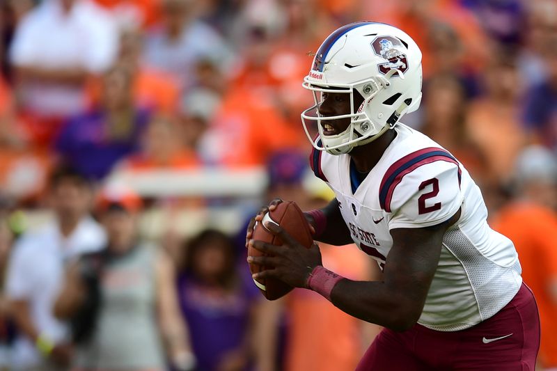 Sep 11, 2021; Clemson, South Carolina, USA; South Carolina State Bulldogs quarterback Corey Fields Jr. (2) looks to throw against the Clemson Tigers during the first quarter at Memorial Stadium. Mandatory Credit: Adam Hagy-USA TODAY Sports