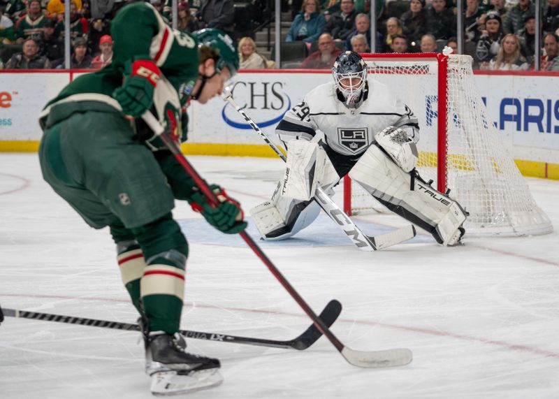 Feb 21, 2023; Saint Paul, Minnesota, USA; Minnesota Wild left wing Adam Beckman (53) shoots on Los Angeles Kings goaltender Pheonix Copley (29) in the second period at Xcel Energy Center. Mandatory Credit: Matt Blewett-USA TODAY Sports