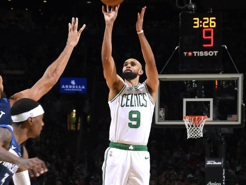 BOSTON, MA - NOVEMBER 24: Derrick White #9 of the Boston Celtics three point basket during the game against the Minnesota Timberwolves on November 24, 2024 at the TD Garden in Boston, Massachusetts. NOTE TO USER: User expressly acknowledges and agrees that, by downloading and or using this photograph, User is consenting to the terms and conditions of the Getty Images License Agreement. Mandatory Copyright Notice: Copyright 2024 NBAE(Photo by Brian Babineau/NBAE via Getty Images)