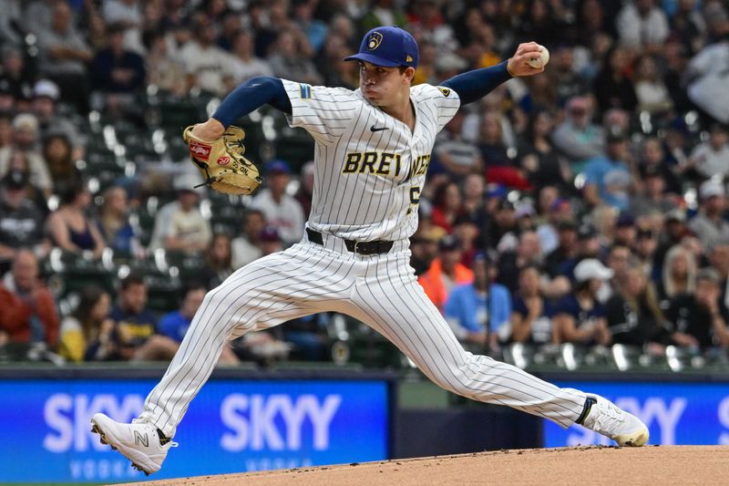 Jun 1, 2024; Milwaukee, Wisconsin, USA; Milwaukee Brewers starting pitcher Robert Gasser (54) throws against the Chicago White Sox in the first inning at American Family Field. Mandatory Credit: Benny Sieu-USA TODAY Sports