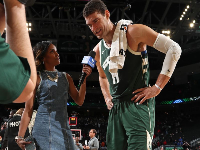 MILWAUKEE, WI - NOVEMBER 20: Brook Lopez #11 of the Milwaukee Bucks talks to the media after the game against the Chicago Bulls on November 20, 2024 at the Fiserv Forum Center in Milwaukee, Wisconsin. NOTE TO USER: User expressly acknowledges and agrees that, by downloading and or using this Photograph, user is consenting to the terms and conditions of the Getty Images License Agreement. Mandatory Copyright Notice: Copyright 2024 NBAE (Photo by Gary Dineen/NBAE via Getty Images).